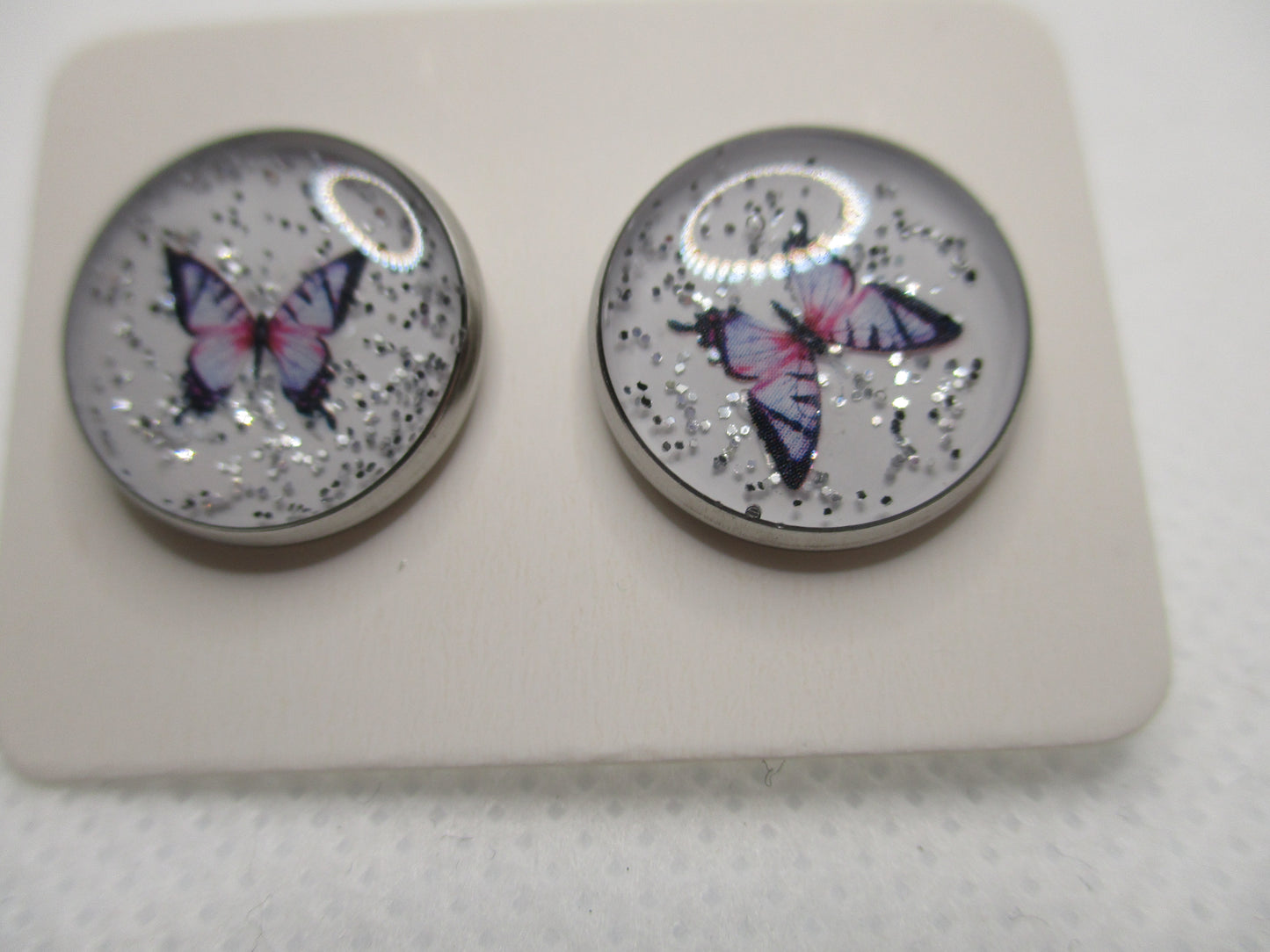 14MM Hypoallergenic Stainless-Steel Small Purple Butterfly With Some Glitter Stud Earrings (Not a real butterfly)
