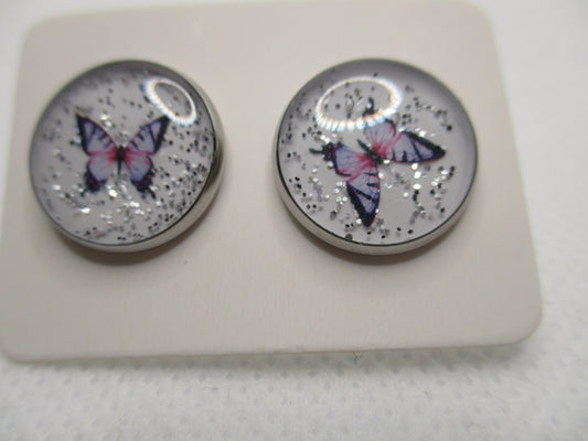 14MM Hypoallergenic Stainless-Steel Small Purple Butterfly With Some Glitter Stud Earrings (Not a real butterfly)
