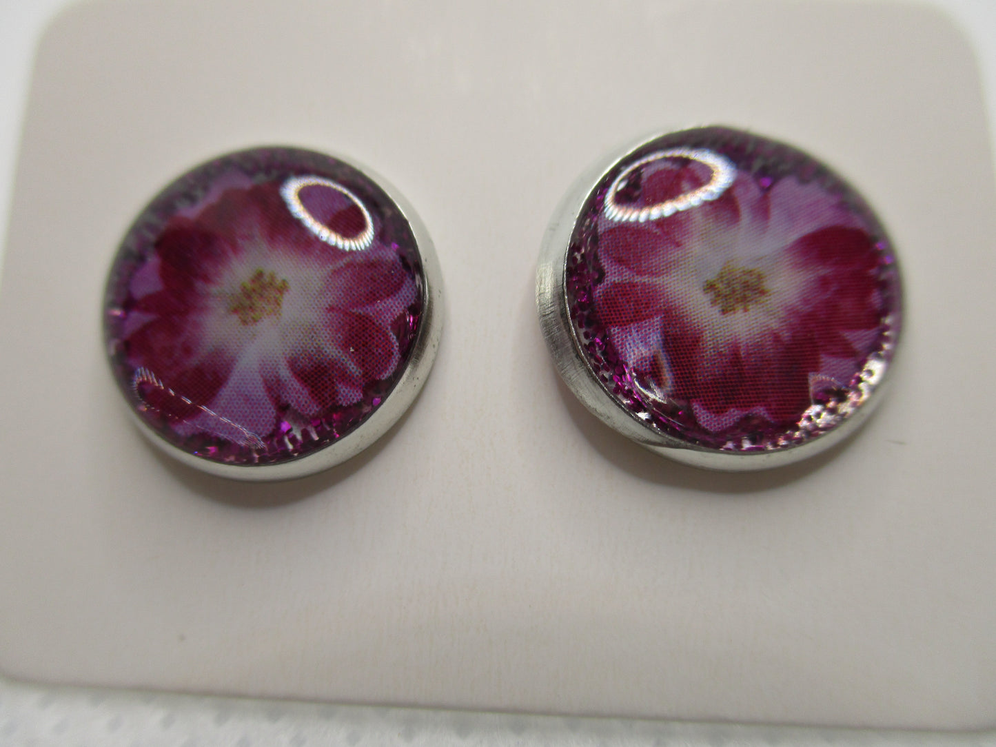 12MM Hypoallergenic Stainless-Steel Small Magenta Flower With Some Glitter Stud Earrings (Not a real dried flower)