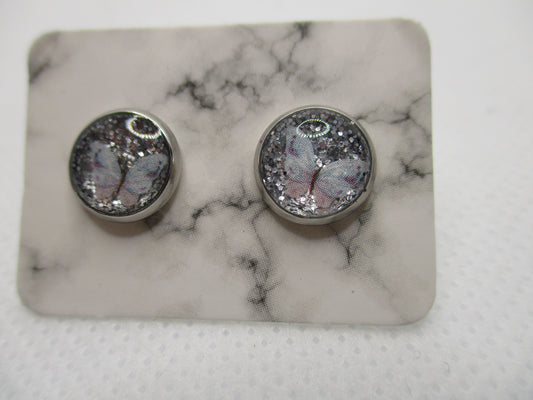 8MM Hypoallergenic Stainless-Steel Small Pink and White Butterfly With Some Glitter Stud Earrings (Not a real dried flower)