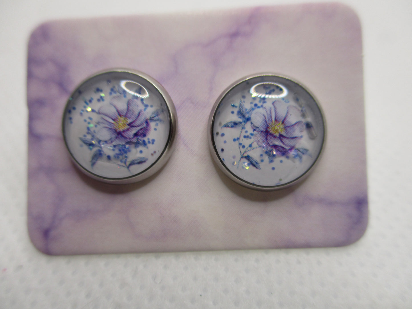 10MM Hypoallergenic Stainless-Steel Small Purple Flower With Some Glitter Stud Earrings (Not a real dried flower)