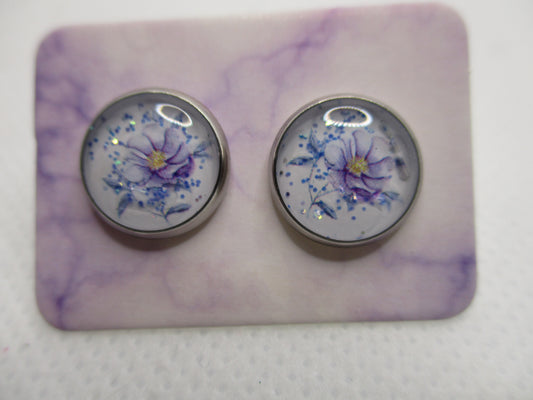 10MM Hypoallergenic Stainless-Steel Small Purple Flower With Some Glitter Stud Earrings (Not a real dried flower)