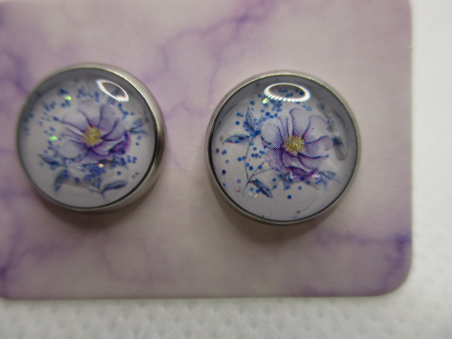 10MM Hypoallergenic Stainless-Steel Small Purple Flower With Some Glitter Stud Earrings (Not a real dried flower)