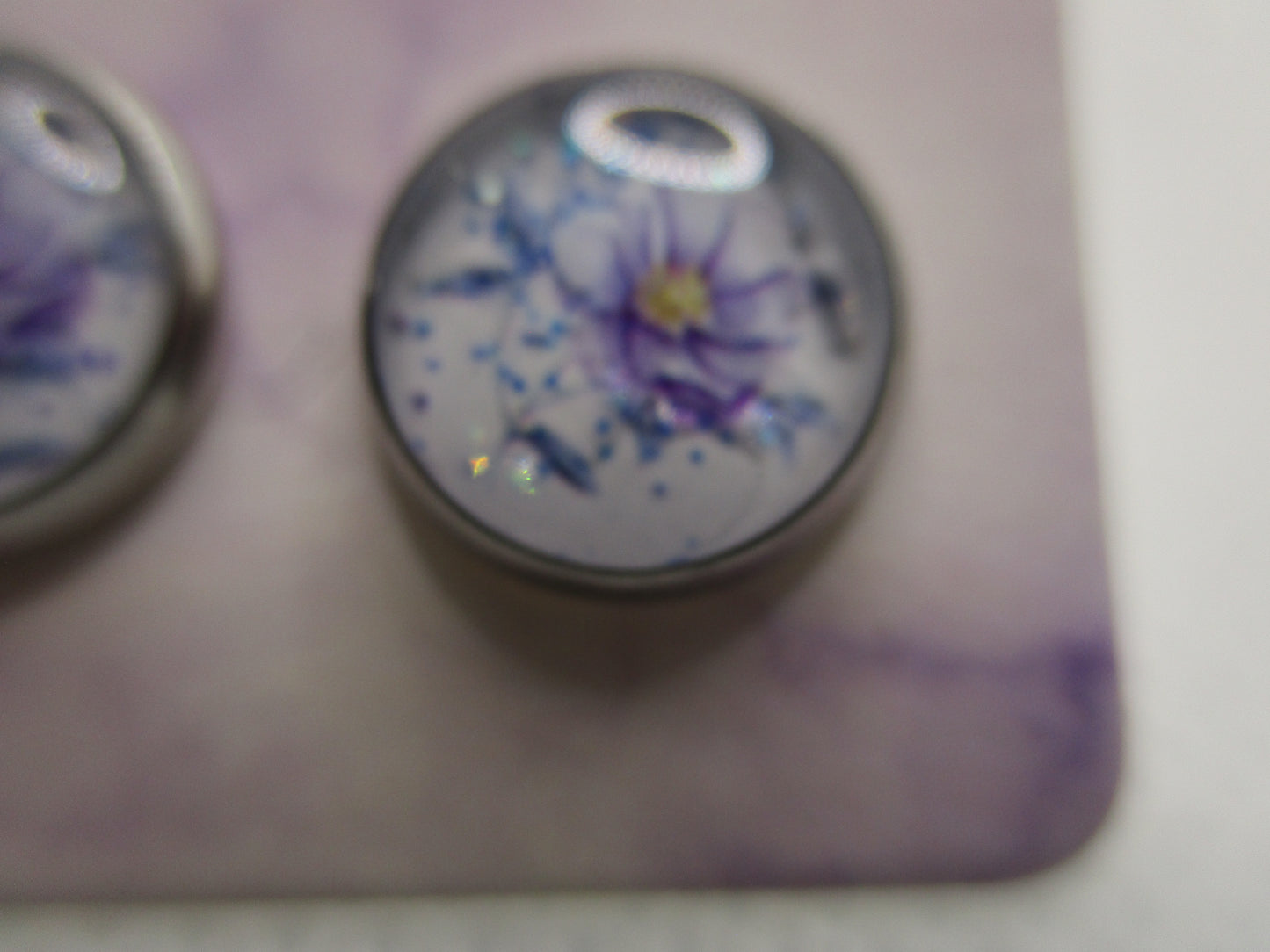 10MM Hypoallergenic Stainless-Steel Small Purple Flower With Some Glitter Stud Earrings (Not a real dried flower)