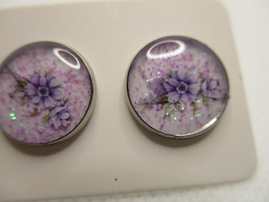 14MM Hypoallergenic Stainless-Steel Small Purple Flower With Some Glitter Stud Earrings (Not a real dried flower)
