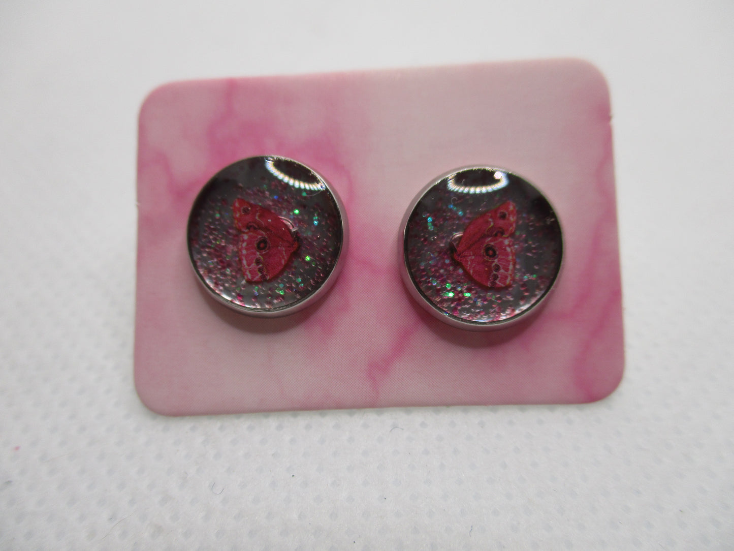 10MM Hypoallergenic Stainless-Steel Small Bright Pink Butterfly With Some Glitter Stud Earrings (Not a real butterfly)