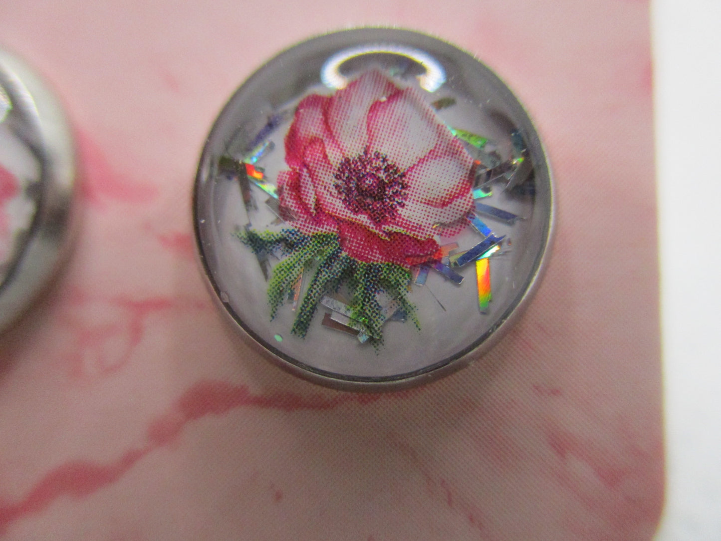 10MM Hypoallergenic Stainless-Steel Small Pink Flower With Some Glitter Stud Earrings (Not a real dried flower)