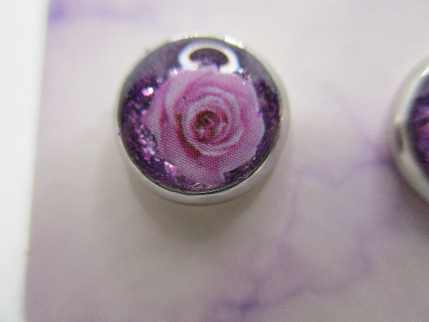 8MM Hypoallergenic Stainless-Steel Small Purple Rose With Some Glitter Stud Earrings (Not a real dried flower)