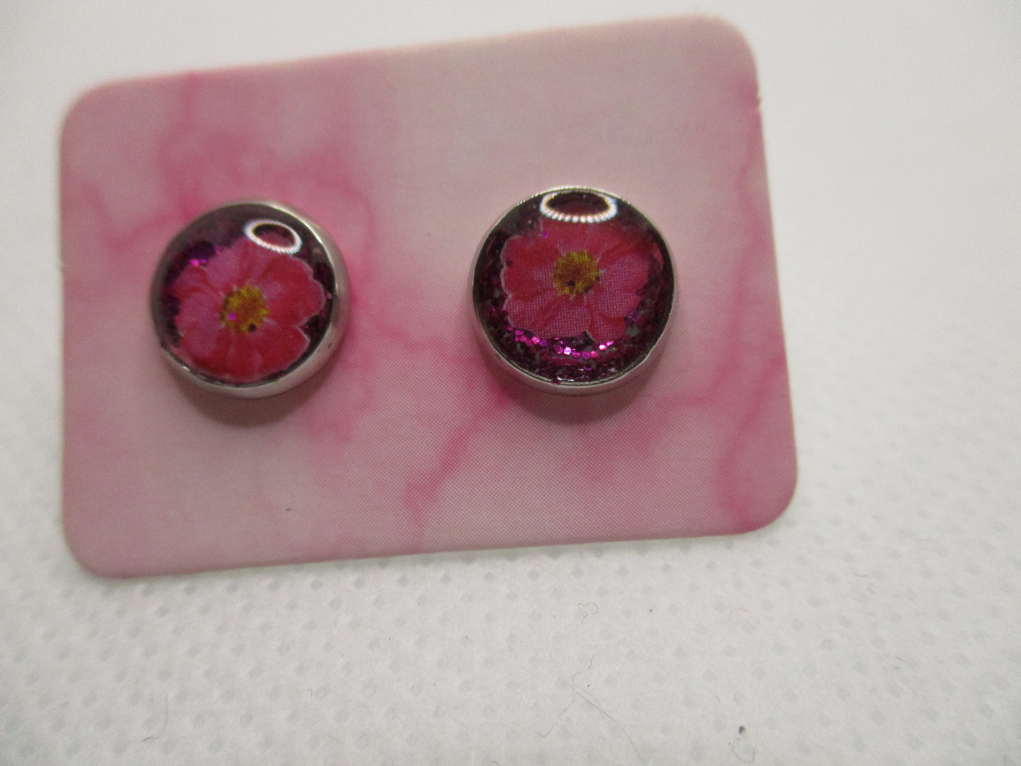 8MM Hypoallergenic Stainless-Steel Small Dark Pink Flower With Some Glitter Stud Earrings (Not a real dried flower)