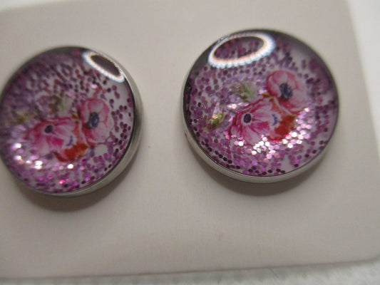 14MM Hypoallergenic Stainless-Steel Small Pink Flower With Some Glitter Stud Earrings (Not a real dried flower)
