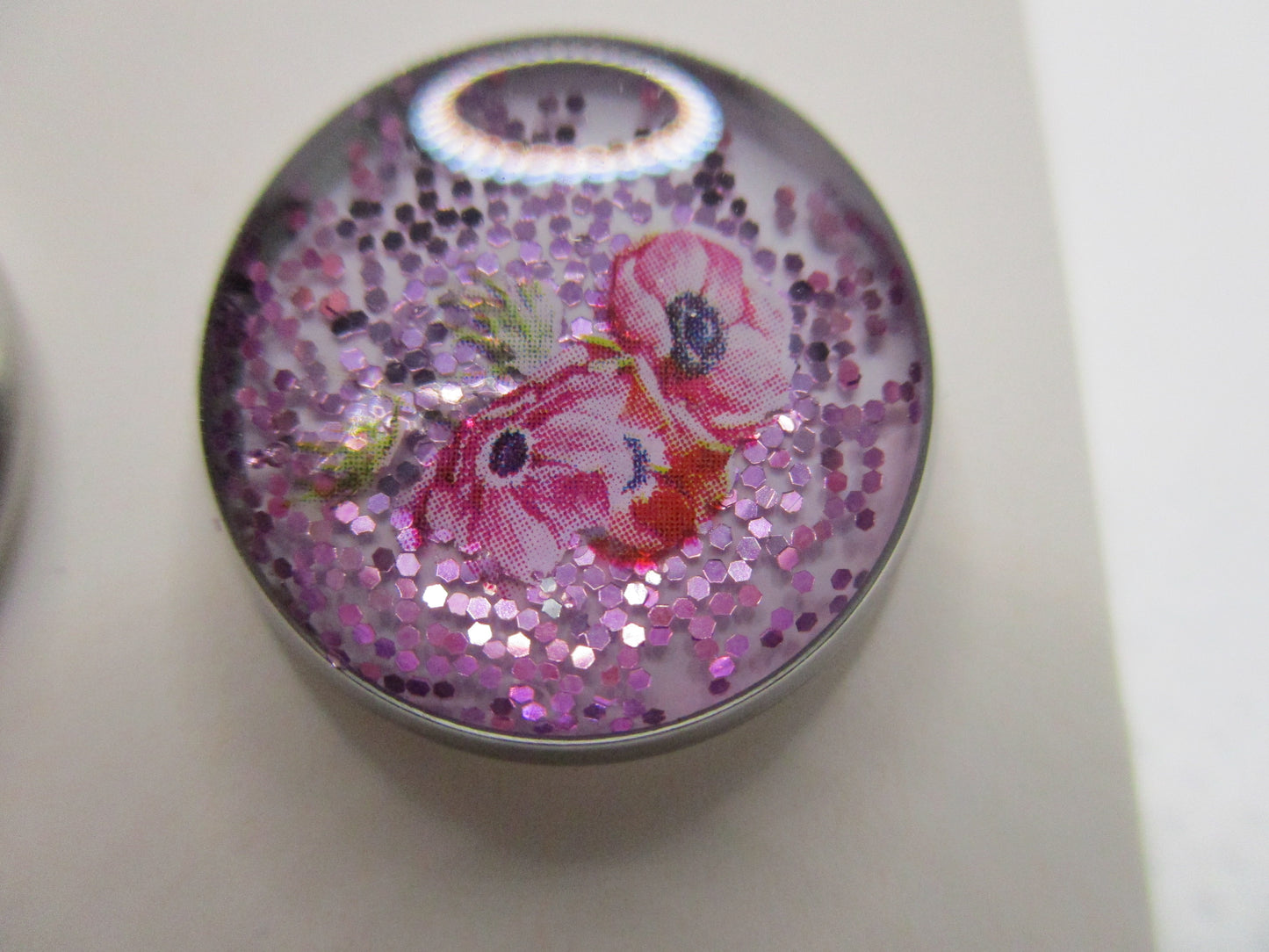 14MM Hypoallergenic Stainless-Steel Small Pink Flower With Some Glitter Stud Earrings (Not a real dried flower)