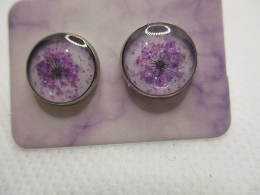 10MM Hypoallergenic Stainless-Steel Small Purple Flower With Some Glitter Stud Earrings (Not a real dried flower)