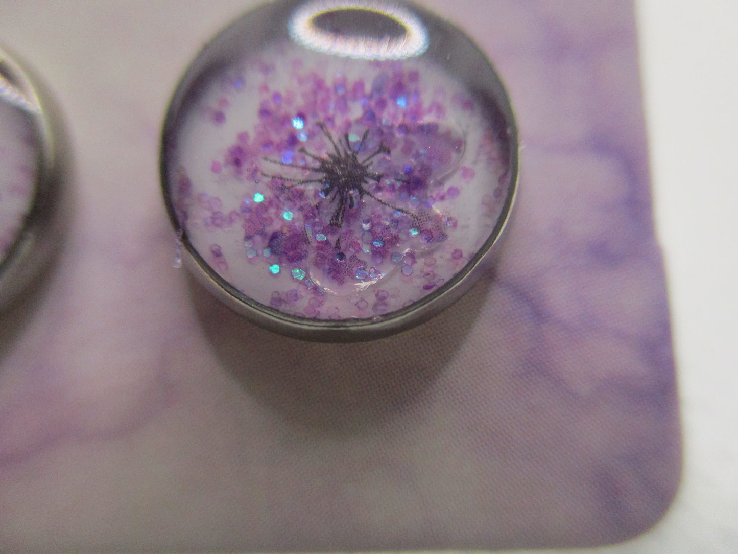 10MM Hypoallergenic Stainless-Steel Small Purple Flower With Some Glitter Stud Earrings (Not a real dried flower)