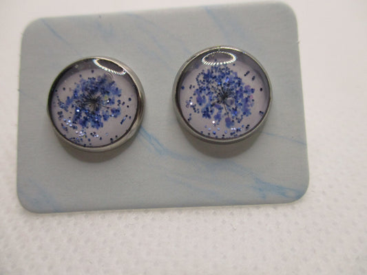 10MM Hypoallergenic Stainless-Steel Small Blue Flower With Some Glitter Stud Earrings (Not a real dried flower)
