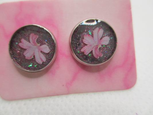 10MM Hypoallergenic Stainless-Steel Small Pink Flower With Some Glitter Stud Earrings (Not a real dried flower)