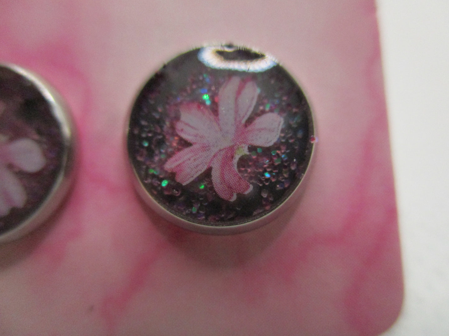 10MM Hypoallergenic Stainless-Steel Small Pink Flower With Some Glitter Stud Earrings (Not a real dried flower)