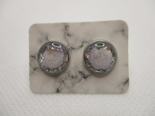10MM Hypoallergenic Stainless-Steel Small Light Pink Flower With Some Glitter Stud Earrings (Not a real dried flower)