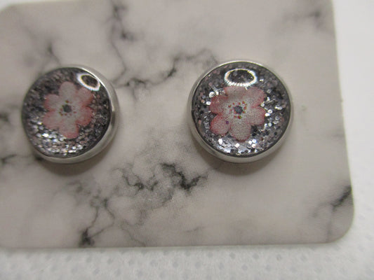 8MM Hypoallergenic Stainless-Steel Small Pink Flower With Some Glitter Stud Earrings (Not a real dried flower)