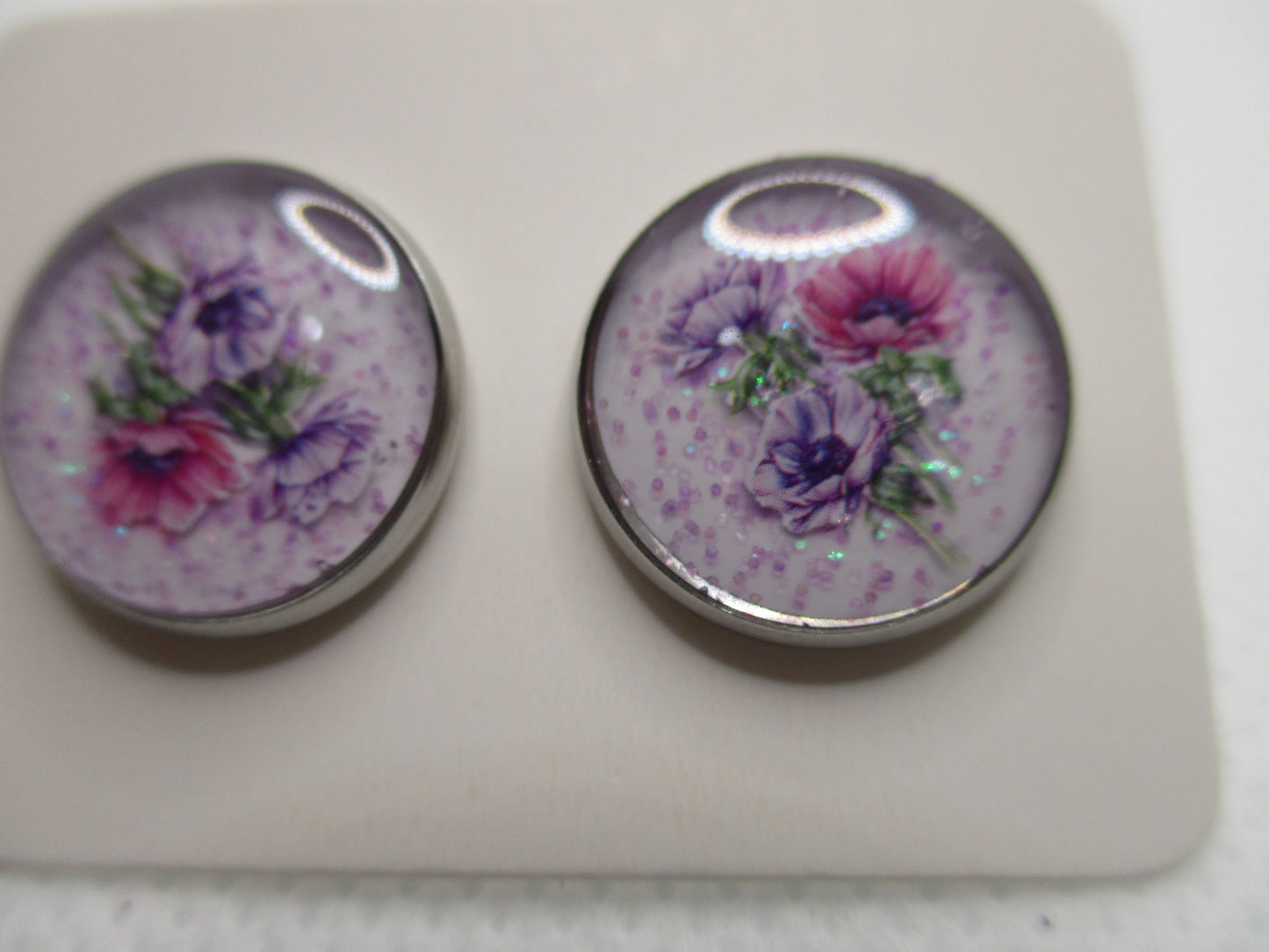 14MM Hypoallergenic Stainless-Steel Small Purple Flower With Some Glitter Stud Earrings (Not a real dried flower)