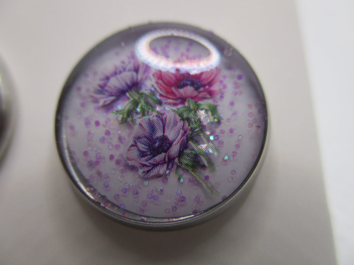 14MM Hypoallergenic Stainless-Steel Small Purple Flower With Some Glitter Stud Earrings (Not a real dried flower)
