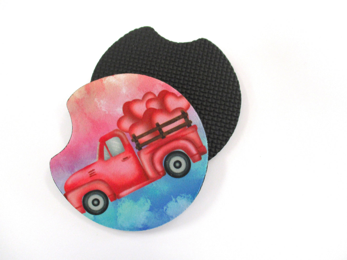 Set of 2 Absorbent Neoprene Rubber Car Coasters -  Sublimated Truck With Hearts