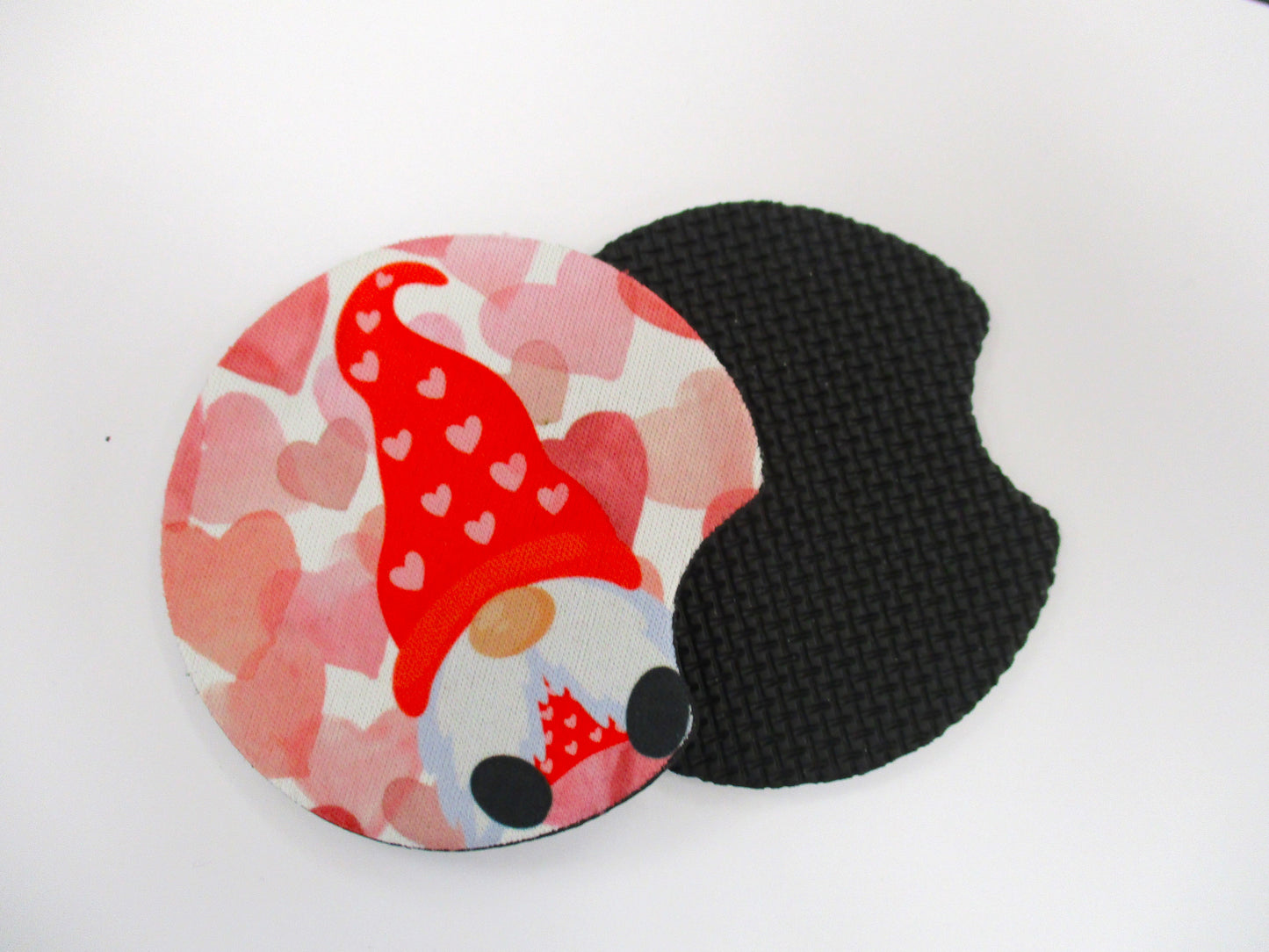 Set of 2 Absorbent Neoprene and Rubber Car Coasters -  Sublimated Gnome With Hearts